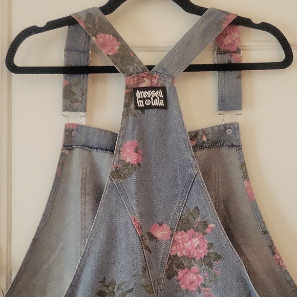 Dressed In Lala Pink Floral Blue Jean Overalls - Picture 5 of 7